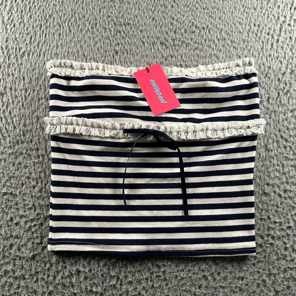 Edikted Tube Top Womens S Striped Eyelet Trim Navy‎ White Strapless Summer NWT